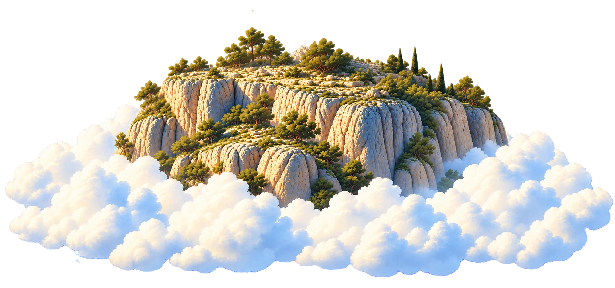 Templo griego sobre una isla de roca entre nubes